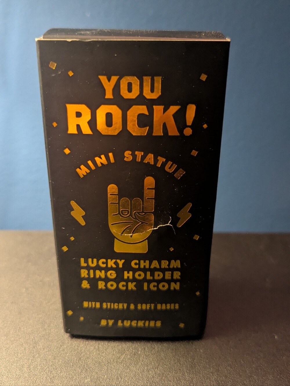 You Rock! Mini Statue Lucky Charm Ring Holder & Rock Icon - Black and Gold